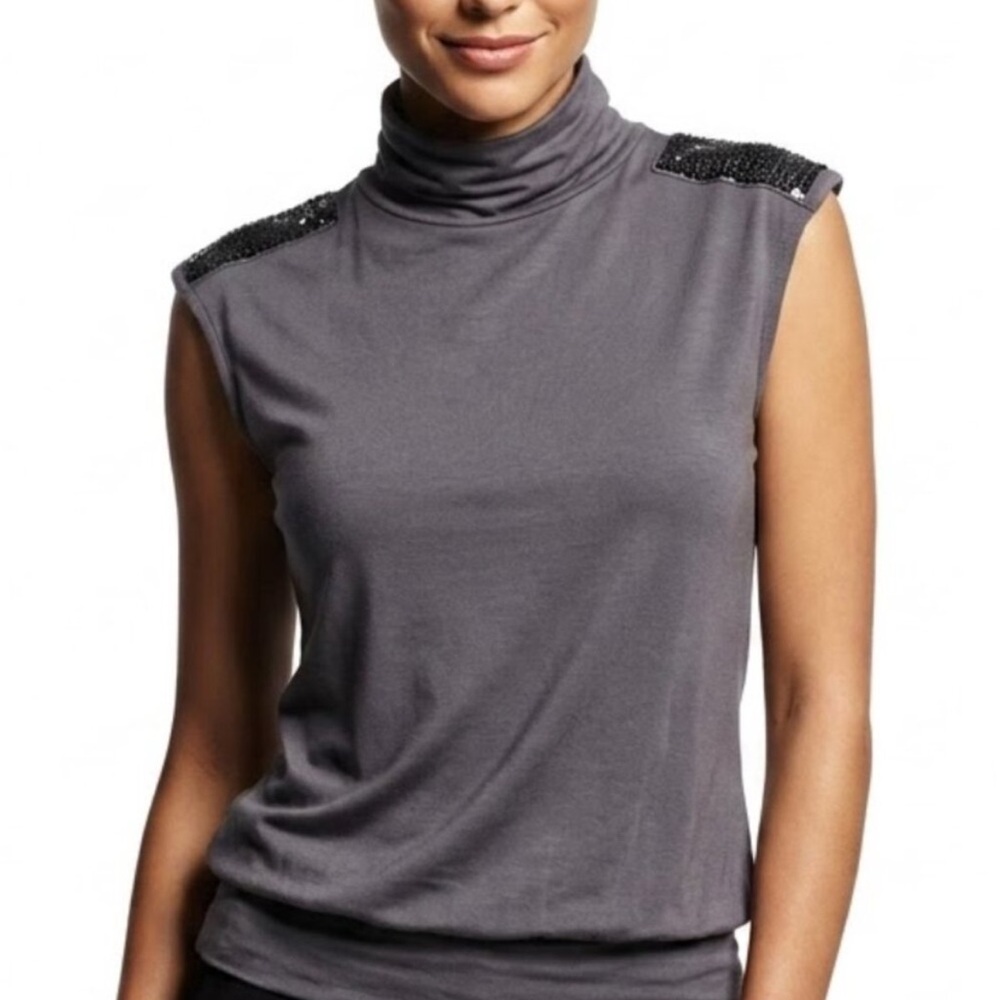 SISLEY Dark Grunge Sequin Epaulette Mock Neck Sleeveless Top M